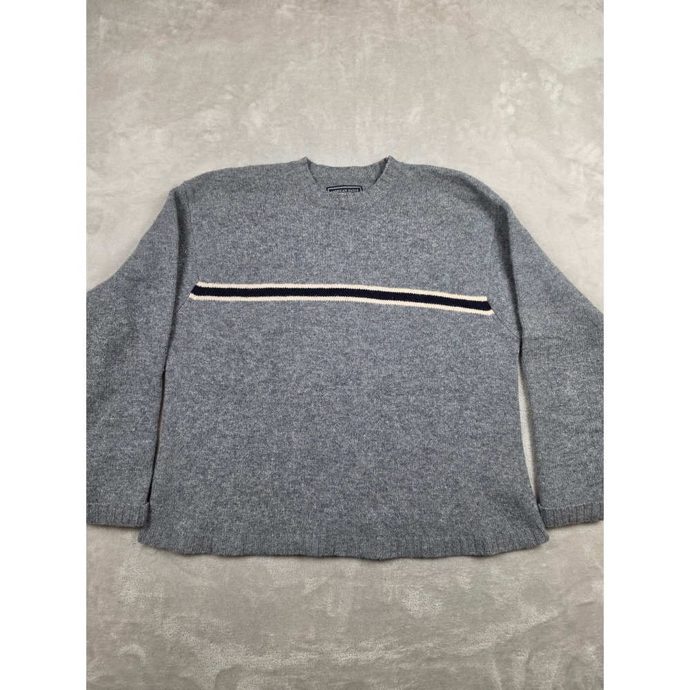 Vintage American Eagle Sweater Men XL Gray 100% Lambswool Striped Crew Y2K *Read
